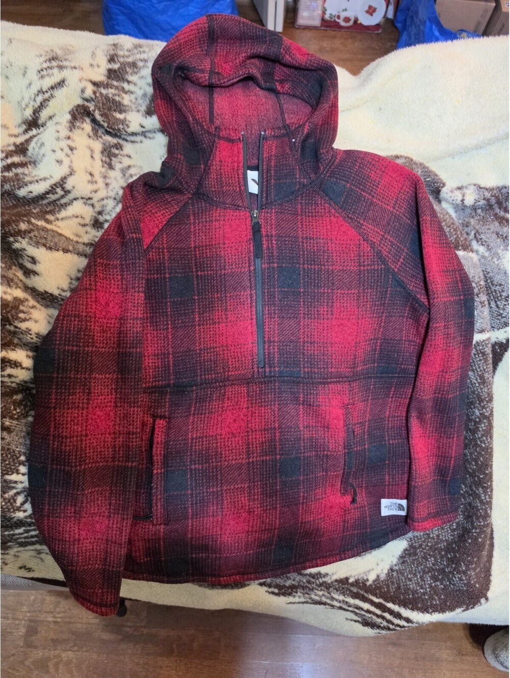 North Face Pullover Womens L Fleece Hooded Toggle Plaid Outdoors Jacket